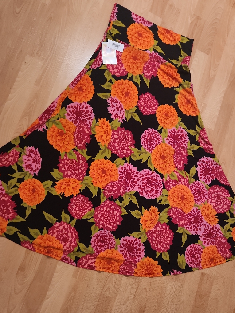 Lularore Floral Maxi Skirt in Black with Pink & Orange Blooms NWT M